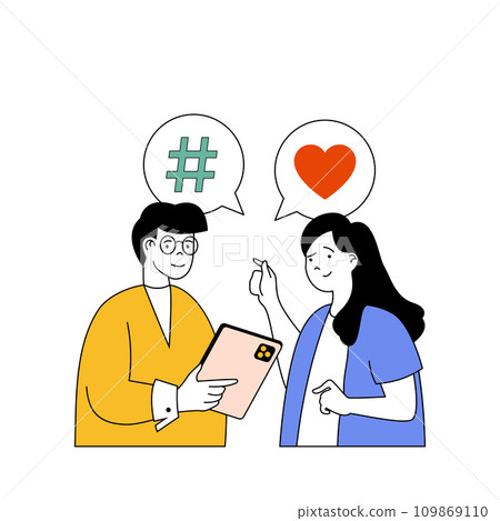 Social network concept with cartoon people in flat design for web. Woman and man discussing liking posts and popular hashtag trends. Vector illustration for social media banner, marketing material. 109869110