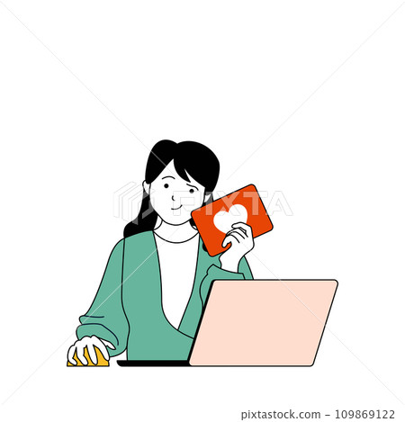 Social network concept with cartoon people in flat design for web. Woman creating new posts and getting likes reaction from followers. Vector illustration for social media banner, marketing material. 109869122
