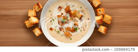 Cream soup with garlic croutons Cream soup with garlic croutons 109869179