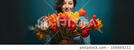 Girl holding a beautiful bouquet of tulips Girl holding a beautiful bouquet of tulips 109869212