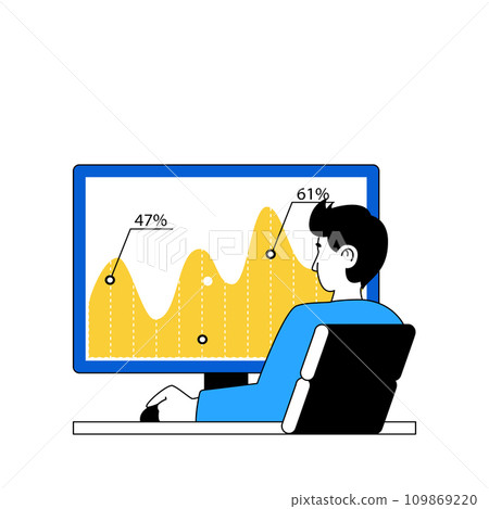 Business concept with cartoon people in flat design for web. Man analyzing financial data at graph and making marketing research. Vector illustration for social media banner, marketing material. Business concept with cartoon people in flat design for web. Man analyzing financial data at graph and making marketing research. Vector illustration for social media banner, marketing material. 109869220