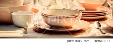 Table setting with flowers and decor in light colors 109869245