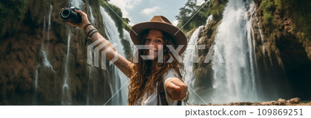 A young girl tourist takes a selfie 109869251