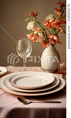 Table setting with flowers and decor in light colors Table setting with flowers and decor in light colors 109869270