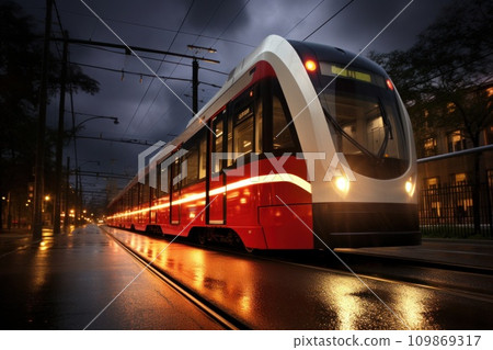 Train on the railway station. Modern intercity passenger train on the railway platform 109869317