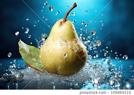 Green pear fruit with juice splash on white background. 109869318