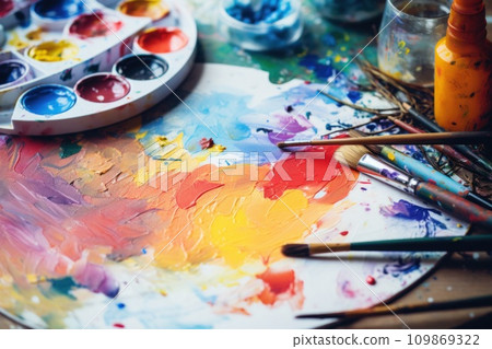 Colored oil paints and brushes on the artist palette. Art therapy, painting or sketching 109869322