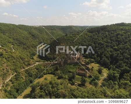 Aerial view of the 12th-century hilltop Eltz Castle near Wierschem in Rhineland-Palatinate, Germany 109869627