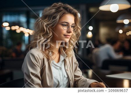 beautiful young woman in eyeglasses looking away in cafe 109869637