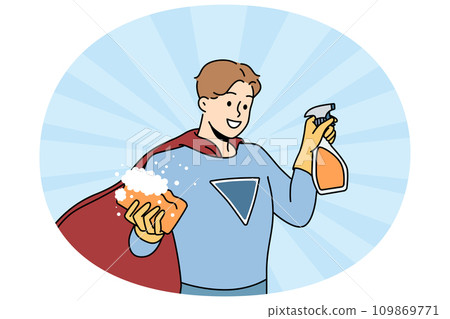 Smiling male housekeeper with washcloth and detergent 109869771