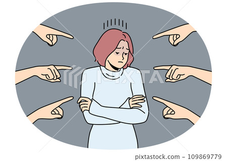 Unhappy woman surrounded with numerous hands pointing 109869779