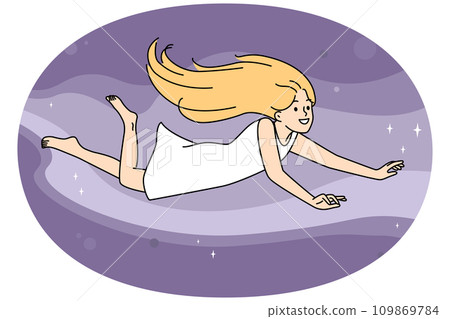 Smiling girl flying in sky dreaming Smiling girl flying in sky dreaming 109869784