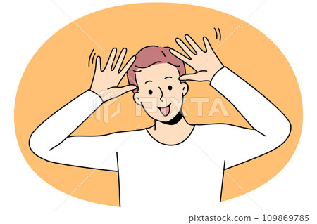 Smiling guy make funny face gesture Smiling guy make funny face gesture 109869785
