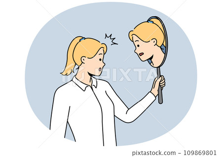 Woman look in mirror think of self-awareness Woman look in mirror think of self-awareness 109869801