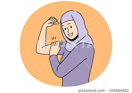 Smiling woman in hijab show power Smiling woman in hijab show power 109869802