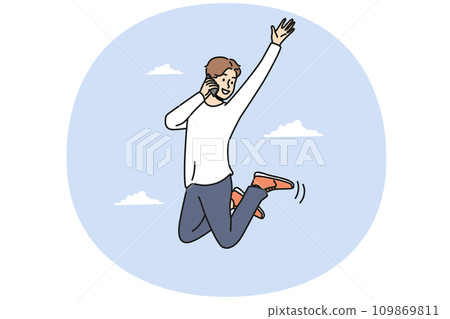 Overjoyed man jump in air talk on cellphone Overjoyed man jump in air talk on cellphone 109869811