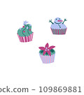 Set of 3 Christmas-themed cupcakes. Xmas tree, snowman, and poinsettia shapes. Isolated on a white background. Colorful hand-drawn vector illustration. 109869881