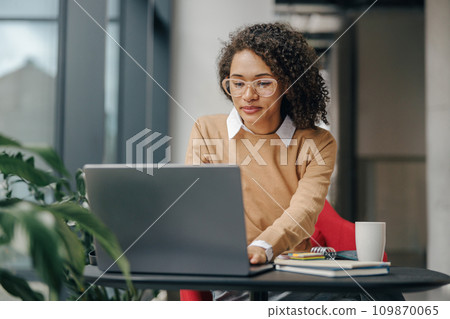 Stylish business woman in eyeglasses working on laptop while sitting in modern office near window Stylish business woman in eyeglasses working on laptop while sitting in modern office near window 109870065