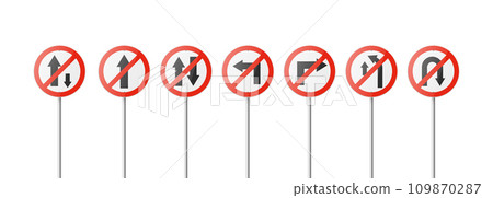Vector Red and White Round Prohibition Sign Icon with Arrows. Traffic Sign Frame Closeup Isolated. Traffic Road Plate, Sign Design Template, Front View Vector Red and White Round Prohibition Sign Icon with Arrows. Traffic Sign Frame Closeup Isolated. Traffic Road Plate, Sign Design Template, Front View 109870287
