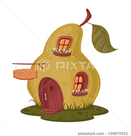 Cartoon pear house. Little fairy forest pear house, fantasy fairy tale cute fruit cabin flat vector illustration on white background Cartoon pear house. Little fairy forest pear house, fantasy fairy tale cute fruit cabin flat vector illustration on white background 109870502
