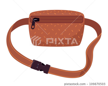 Cartoon zipped pouch bag. Vintage waist bag, old school nylon belt bag with zipper pocket flat vector illustration. Brown waist bag Cartoon zipped pouch bag. Vintage waist bag, old school nylon belt bag with zipper pocket flat vector illustration. Brown waist bag 109870503