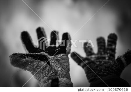 A pair of mismatched gloves on a child held over a white snow background A pair of mismatched gloves on a child held over a white snow background 109870616