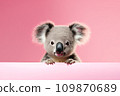 AI-generated content. Funny koala isolated on light pink background. Concept of funny animals from zoo or safari. Banner with koala and copy space. 109870689
