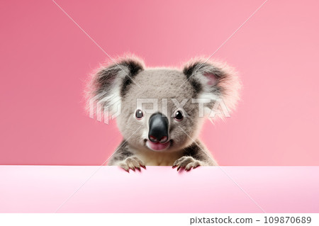 AI-generated content. Funny koala isolated on light pink background. Concept of funny animals from zoo or safari. Banner with koala and copy space. 109870689