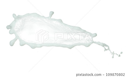 Daily Milk white lotion droplet fly splashing. Milk cream pour float to mid air. Moisturizer lotion explosion spill. White background isolated high speed shutter freeze 109870802