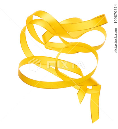 Gold Yellow ribbon long straight fly in air with curve roll shiny. Golden yellow ribbon for present gift birthday party to wrap around decorate and curl curve long straight. White background isolated Gold Yellow ribbon long straight fly in air with curve roll shiny. Golden yellow ribbon for present gift birthday party to wrap around decorate and curl curve long straight. White background isolated 109870814