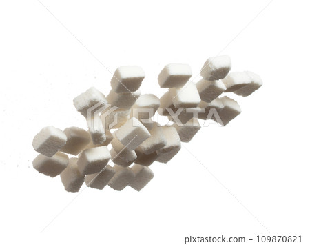Pure Refined Sugar cube flying explosion, white crystal sugar abstract cloud fly. Pure refined sugar cubes splash stop in air, food object design. white background isolated high speed freeze motion Pure Refined Sugar cube flying explosion, white crystal sugar abstract cloud fly. Pure refined sugar cubes splash stop in air, food object design. white background isolated high speed freeze motion 109870821
