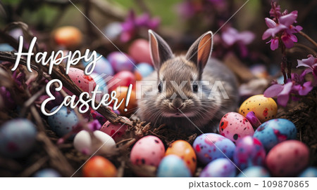AI-generated content. Postcard 'Happy Easter' with Text. Cute Little Gray Bunny Sitting in Flowers Among Colorful Easter Quail Eggs. Greeting Postal Card, Horizontal Background Pascha or Resurrection 109870865
