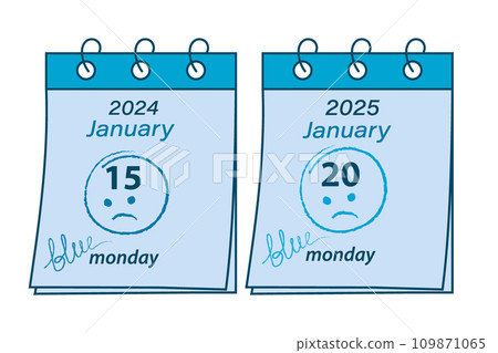Blue Monday calendar sheets with the date 2024, January 15 and 2025, January 20 in monochrome blue Blue Monday calendar sheets with the date 2024, January 15 and 2025, January 20 in monochrome blue 109871065