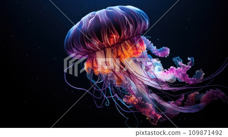 AI-generated content. A jellyfish floating in the dark ocean with purple and pink colors, AI 109871492