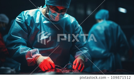 AI-generated content. A surgeon performing surgery on a patient in the operating room, AI 109871512