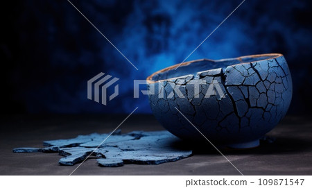 AI-generated content. A broken blue bowl sitting on a cracked table, AI 109871547