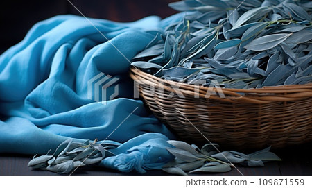 AI-generated content. A basket of blue cloth and a bunch of leaves in it, AI 109871559