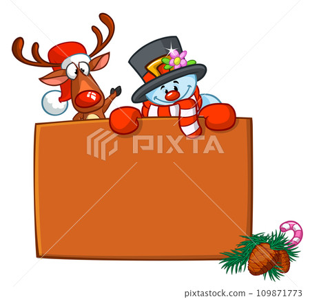 Funny snowman and reindeer holding wooden blank board. Greeting Christmas card, vector illustration isolated. Funny snowman and reindeer holding wooden blank board. Greeting Christmas card, vector illustration isolated. 109871773