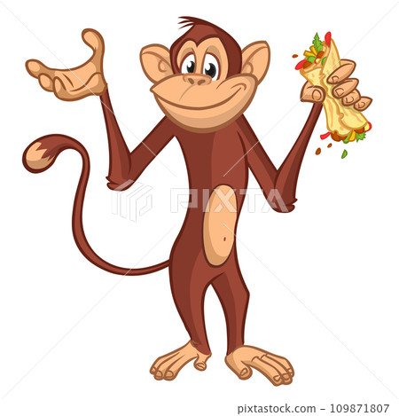Cartoon funny monkey chimpanzee holding falafel or kebab in his hands. Vector illustration of happy monkey character design isolated Cartoon funny monkey chimpanzee holding falafel or kebab in his hands. Vector illustration of happy monkey character design isolated 109871807