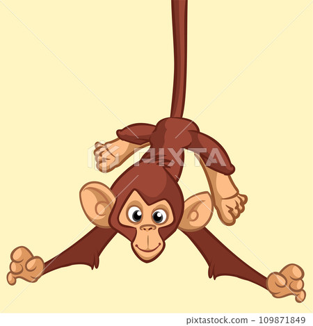 Cartoon monkey chimpanzee handing upside down on the tree branch. Vector illustration of happy monkey character 109871849