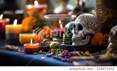 AI-generated content. A table with a skull and candles on it next to other items, AI 109871959