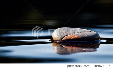 AI-generated content. A rock floating on top of water with a reflection, AI 109871996
