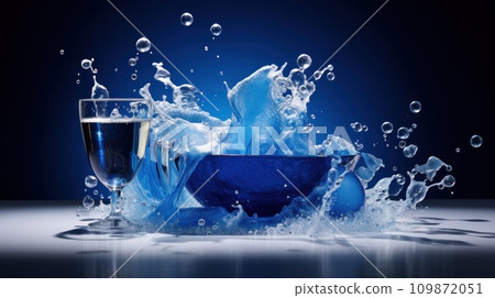 AI-generated content. A blue bowl of water with a glass and some bubbles, AI 109872051