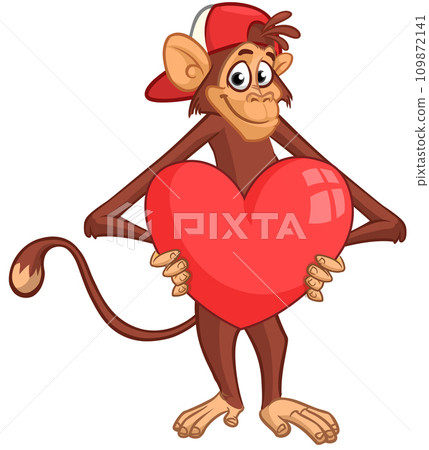 Cartoon monkey chimpanzee holding red balloon heart  109872141