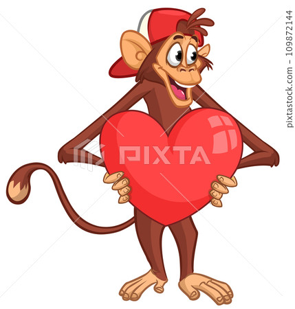 Cartoon monkey chimpanzee holding red balloon heart  109872144