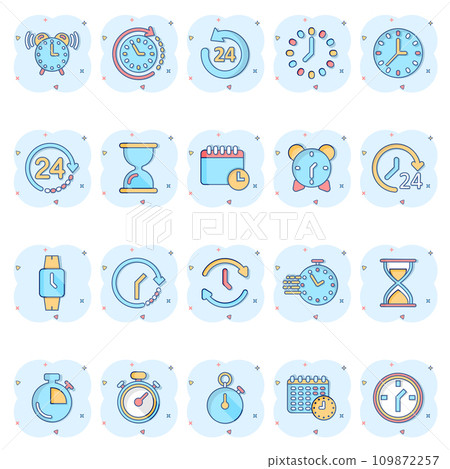 Time icon set in comic style. Agenda clock cartoon vector illustration on white isolated background. Sandglass, wristwatch timer splash effect business concept. Time icon set in comic style. Agenda clock cartoon vector illustration on white isolated background. Sandglass, wristwatch timer splash effect business concept. 109872257