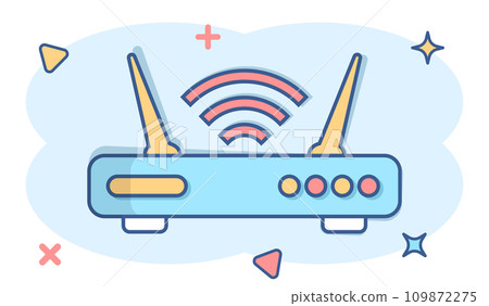 Wifi router icon in comic style. Broadband cartoon vector illustration on white isolated background. Internet connection splash effect business concept. Wifi router icon in comic style. Broadband cartoon vector illustration on white isolated background. Internet connection splash effect business concept. 109872275