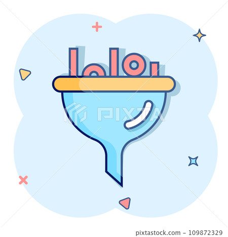 Filter icon in comic style. Funnel cartoon vector illustration on white isolated background. Chemical cone splash effect business concept. Filter icon in comic style. Funnel cartoon vector illustration on white isolated background. Chemical cone splash effect business concept. 109872329