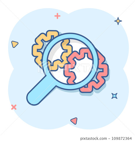 Loupe with gear icon in comic style. Magnifying glass cartoon vector illustration on white isolated background. Seo exploration splash effect business concept. 109872364