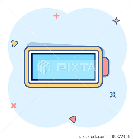 Battery charge icon in comic style. Power level cartoon vector illustration on white isolated background. Lithium accumulator splash effect business concept. Battery charge icon in comic style. Power level cartoon vector illustration on white isolated background. Lithium accumulator splash effect business concept. 109872406